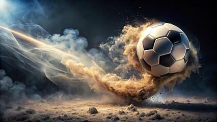 Dynamic Soccer Ball in Motion, Exploding Through Dust and Smoke, a Powerful Image of Athleticism and Competition