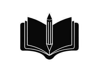 Black Silhouette of Open Book and Pencil for Education Writing or Learning Concepts and Designs Simple Icon