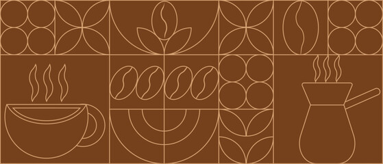 Geometric coffee pattern in minimalist style. Geometric line drawing. Abstract print background with simple shapes for coffee shop, food packaging, cafe wall, menu.