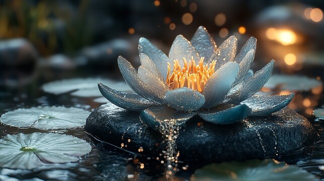 Glowing lotus flower on water, illuminated petals, dark background, digital art.