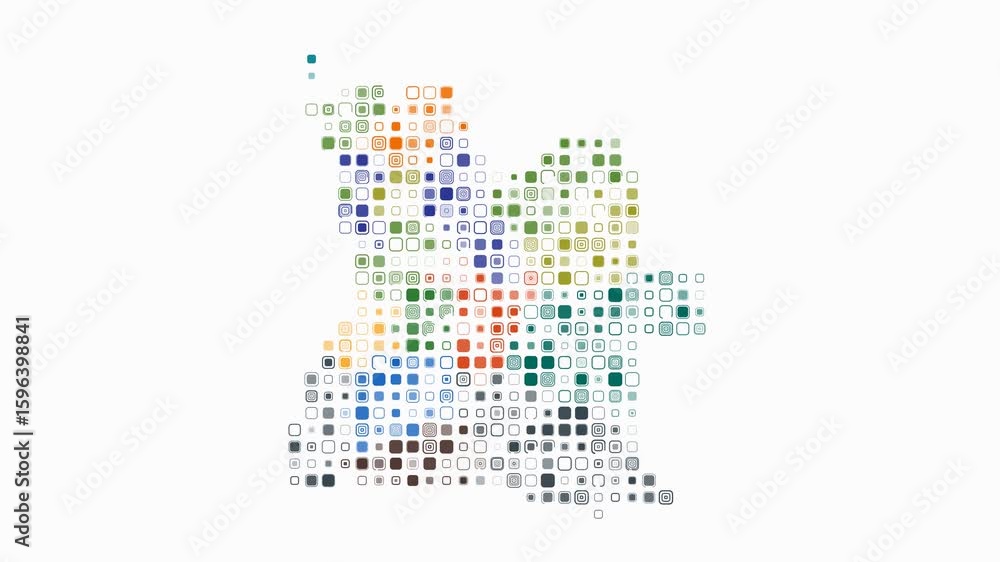 Poster angola dotted animation. shape of the country build of pulsating colored dots. large size rounded sq