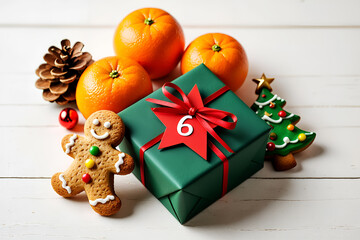 Obraz premium Festive holiday arrangement with gift and gingerbread christmas oranges