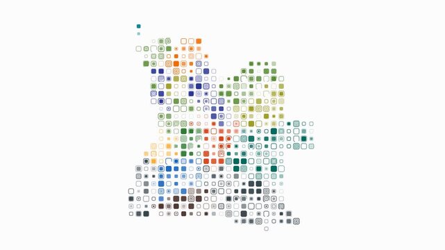 Angola dotted animation. Shape of the country build of pulsating colored dots. Large size rounded square blocks. Digital style map on white background. Plain video.