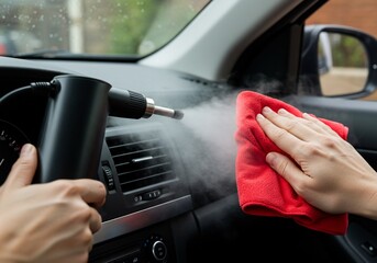 Steam Cleaning Car Interior Dashboard with Red Microfiber Cloth