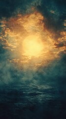 Dramatic Ocean Scene with Cloudy Sky and Bright Celestial Light