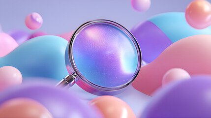 Magnifying glass exploring abstract pastel shapes and colors