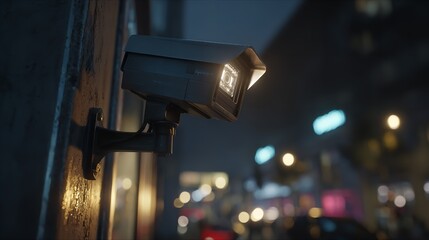 Security camera monitoring dark alley in futuristic city at night
