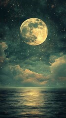 Full Moon Over Ocean Reflecting on Water Under Starry Night Sky