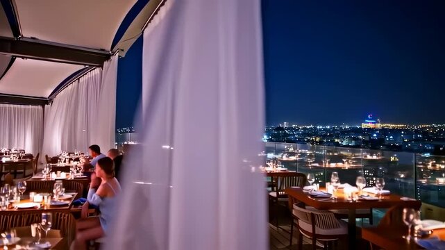 Elegant rooftop restaurant ambiance with cityscape views in the evening twilight