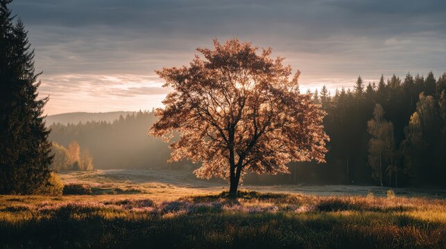 Fall tree on a peaceful landscape with evening sun shimmering through the tree