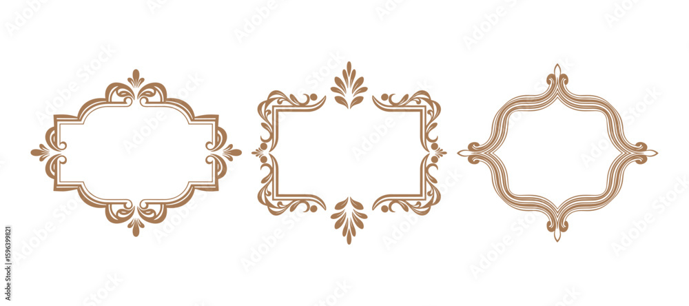 Poster ornamental frame collection in bronze color - rectangular, oval and square shape vector illustration
