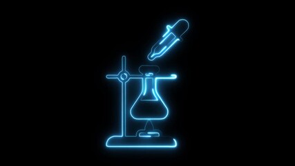 Glowing blue neon outline of laboratory equipment with dropper adding liquid to flask on stand over burner science - Powered by Adobe