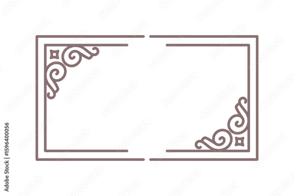 Poster ornamental rectangular frame design with scroll corner motifs in brown outline style vector illustra