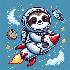 Cute sloth astronaut flying with rocket cartoon vector icon illustration 