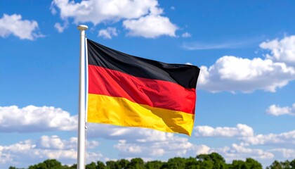 German flags with three horizontal stripes—black on top, red in middle, and gold on bottom—waving atop flagpoles under blue sky with scattered clouds and green treetops below.