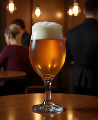 Golden beer with a frothy head, perfectly chilled, sits on a polished bar table, reflecting the warm, ambient glow of a bustling restaurant interior. A toast to good times and great company.