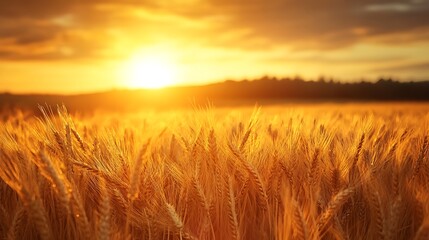 Fototapeta premium Golden wheat field at sunset under a vast, cloud-dappled sky, highlighting the serene summer agricultural landscape