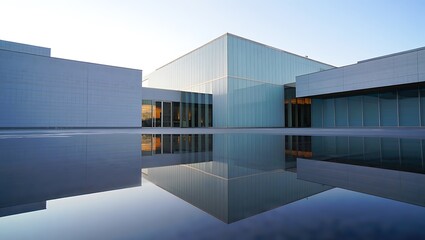 Obraz premium Modern Glass Architecture Reflected in Calm Water building reflection