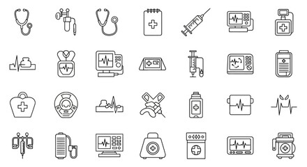 Collection of line art medical icons depicting equipment and tools.