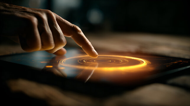 Businessman using futuristic digital tablet with holographic interface - Powered by Adobe