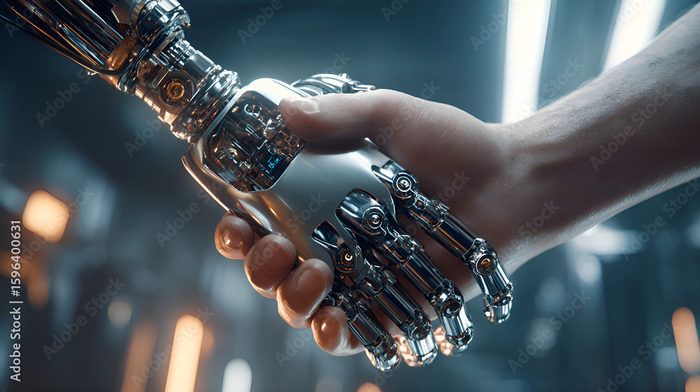 Aufkleber engineer shaking hands with a robot in a futuristic laboratory