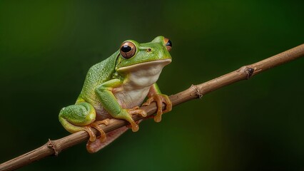 Obraz premium A green frog standing amidst bamboo stalks in a natural forest. Generative AI Illustration
