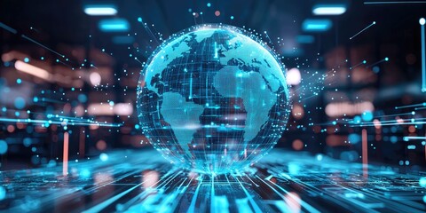 Transparent AI data globe floating in center of innovation studio