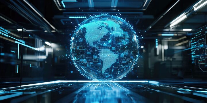 Transparent AI data globe floating in center of innovation studio