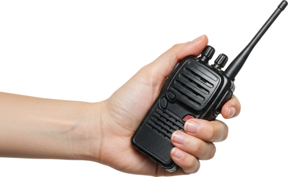 A hand holding a black walkie-talkie