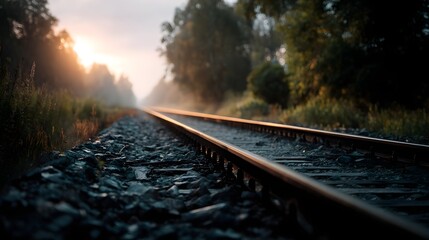 Rural railway tracks under golden light at dusk