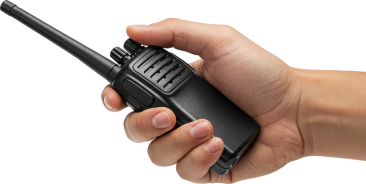 A hand holding a black walkie-talkie