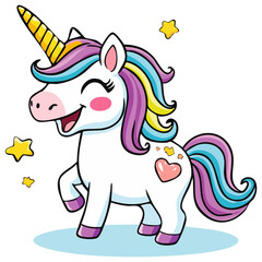Naklejka premium Cute laughing cartoon unicorn with star accents 