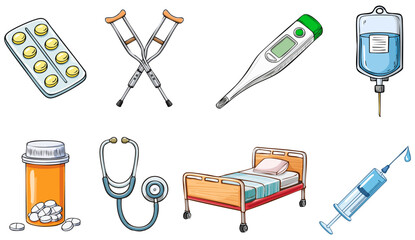 Cartoon medical icon set including a blister pack of pills, a pair of crutches, a thermometer, an IV bag, an orange pill bottle, a stethoscope. a hospital bed and an needle for injecting medication 