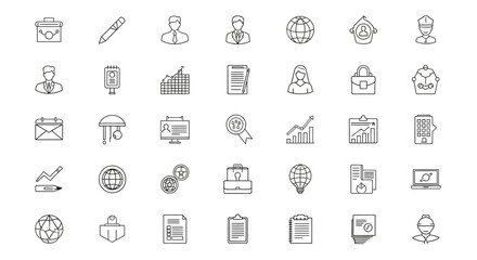 Collection of minimalist line icons depicting business, finance, and global concepts.