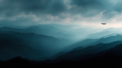 Airplane soaring over majestic mountain range