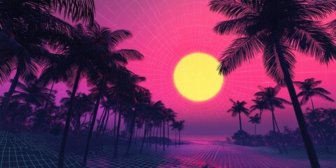 Vaporwave-style generated image with palm trees and digital suns