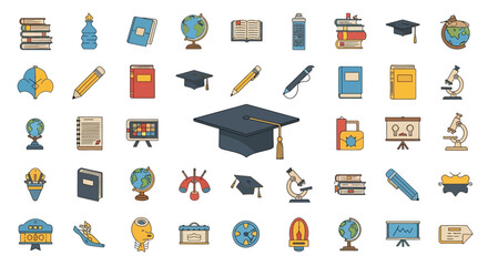 Colorful icons representing education, learning, and knowledge, centered around a graduation cap.