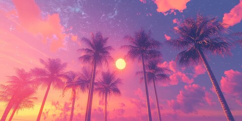 Vaporwave-style generated image with palm trees and digital suns