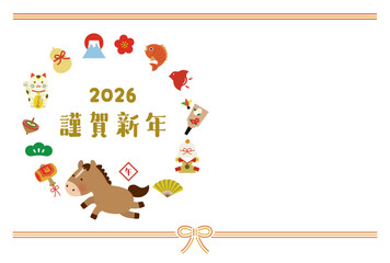 Fototapeta premium 2026年 午年 年賀状テンプレート｜かわいい馬と縁起物の明るい干支イラスト
