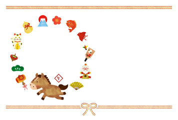 水彩風　2026年 午年 年賀状テンプレート｜かわいい馬と縁起物の明るい干支イラスト