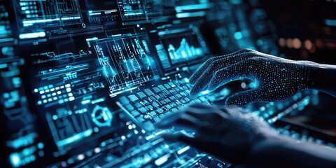 Virtual AI interface with hands typing in mid-air on invisible keyboard