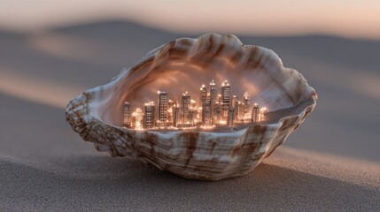 Miniature city nestled within a seashell on the beach.