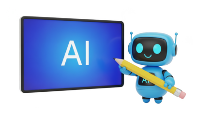 Blue robot writing AI on tablet