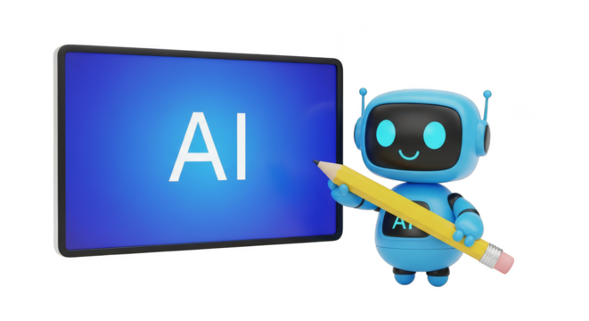 Blue robot writing AI on tablet