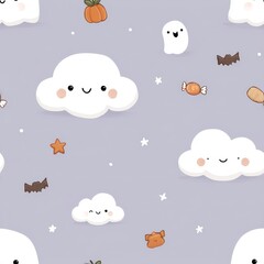 Cute Cartoon Halloween Pattern with Clouds, Candy, and Pumpkins