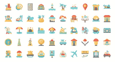 Colorful flat icons depicting travel, vacation, and tourism destinations.