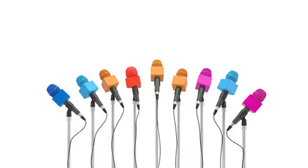Colorful microphones gather for an event