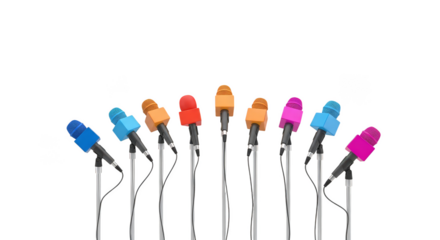 Colorful microphones gather for an event