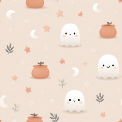 Cute Ghosts and Pumpkins on Soft Beige Background for Halloween Fun