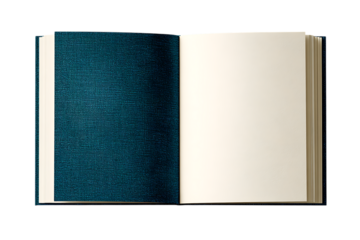 Open book with teal cover and blank pages.